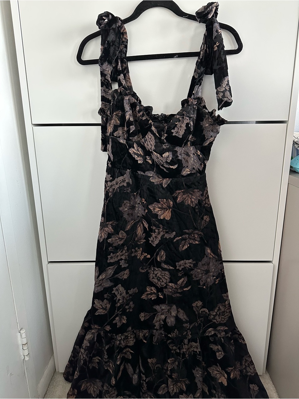 Lulu's Black Maxi Dress with Brown Floral Print and Tie Straps